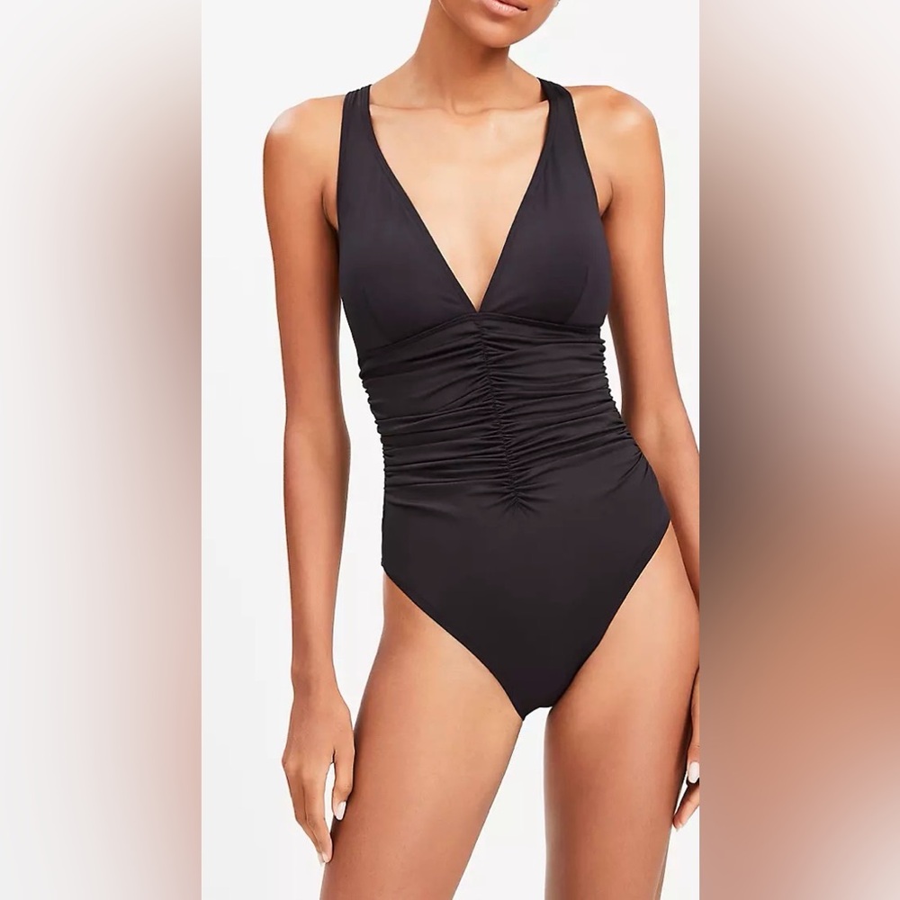 Black V-Neck Ruched One-Piece Swimsuit - Women Swim